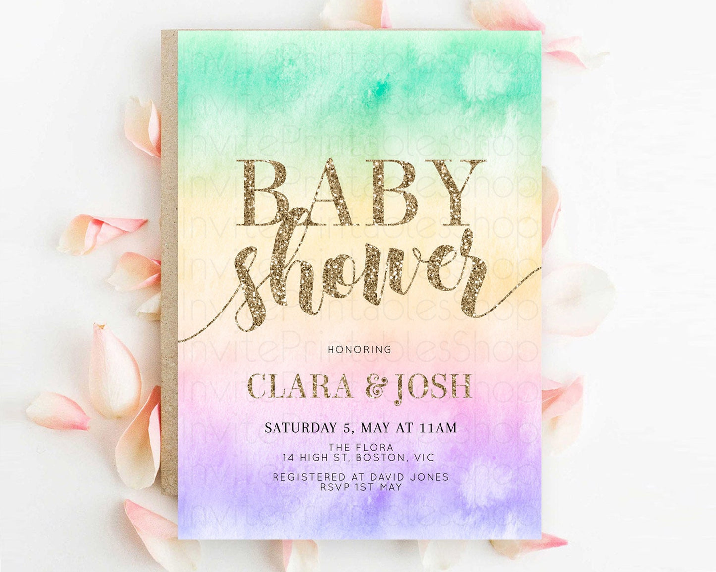 Pastel Baby Shower Invitation Rainbow Baby Shower Invitation Colorful Pastel Watercolor Invitation Gold Glitter Sprinkles Ombre D10478