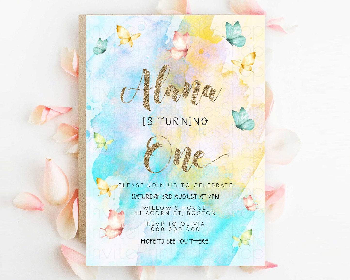 Pastel Butterfly Birthday Invitation Butterfly Birthday Invitation Colorful Splash Glitter Butterfly Garden 1st 2nd Birthday D23254