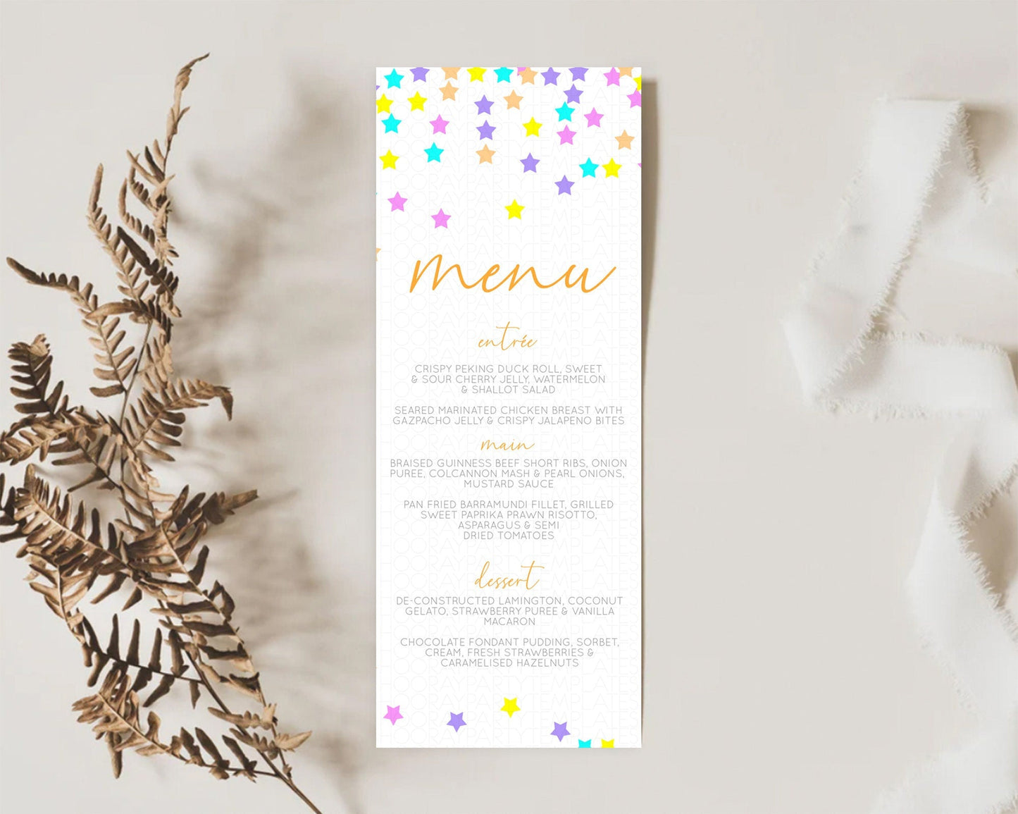 Star Menu Template Pastel Stars Menu Shooting Star Twinkle Little Star Decor Rainbow Colorful Confetti Dinner Dessert Food Menu D10397