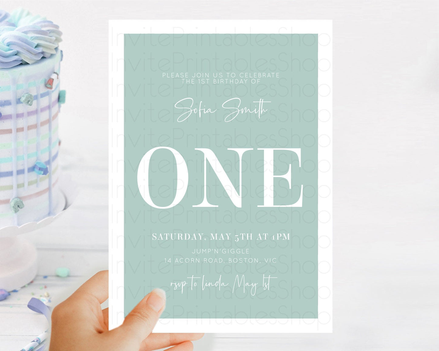 Green Birthday Invitation Plain Green Invitation Minimalist Invitation Pastel Green Invitation Modern Invite 2nd 1st First Birthday D10736