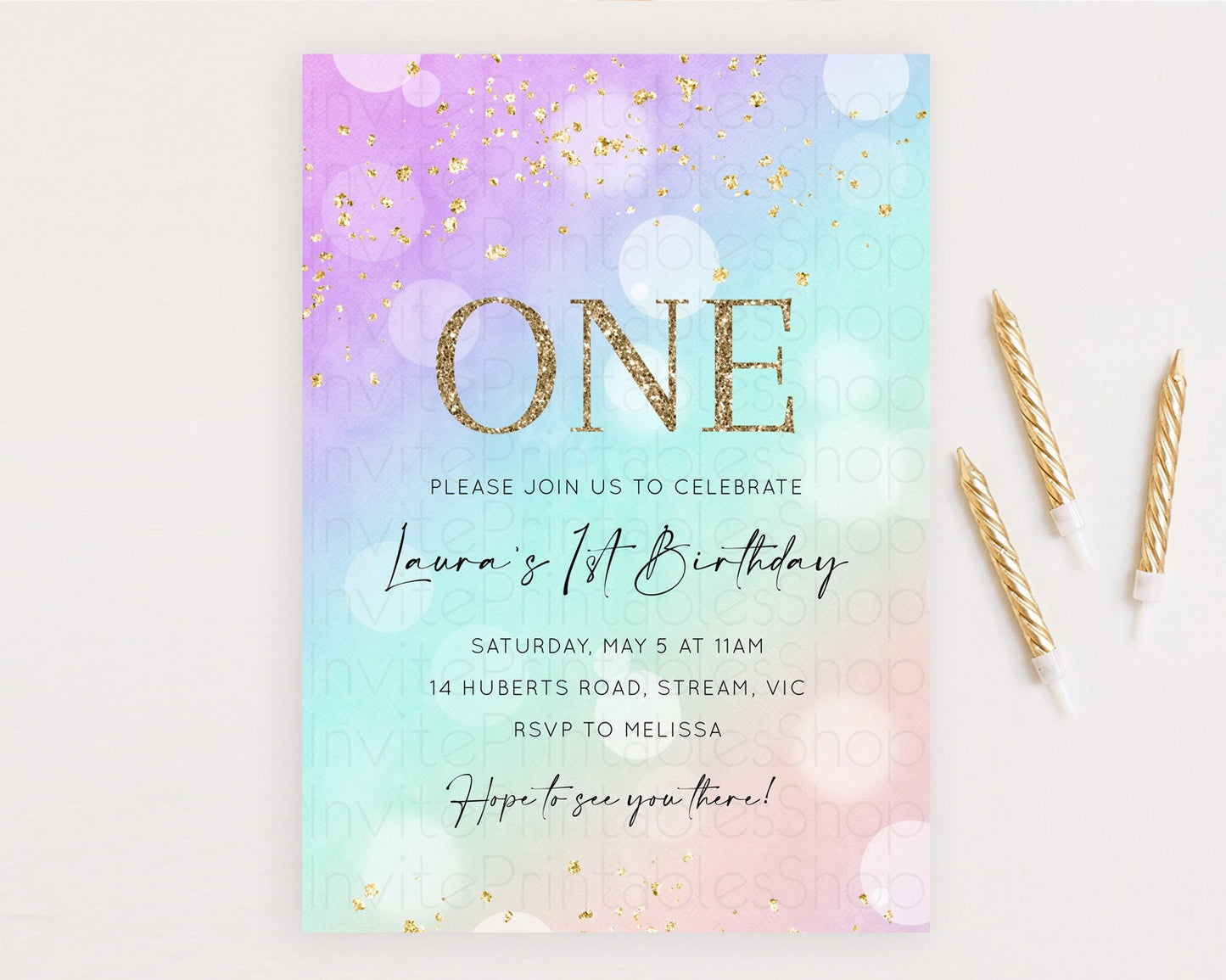 Rainbow Birthday Invitation Colorful Pastel Watercolor Invitation Gold Glitter Sprinkles Ombre Pastel 1st 2nd 3rd Birthday D10618