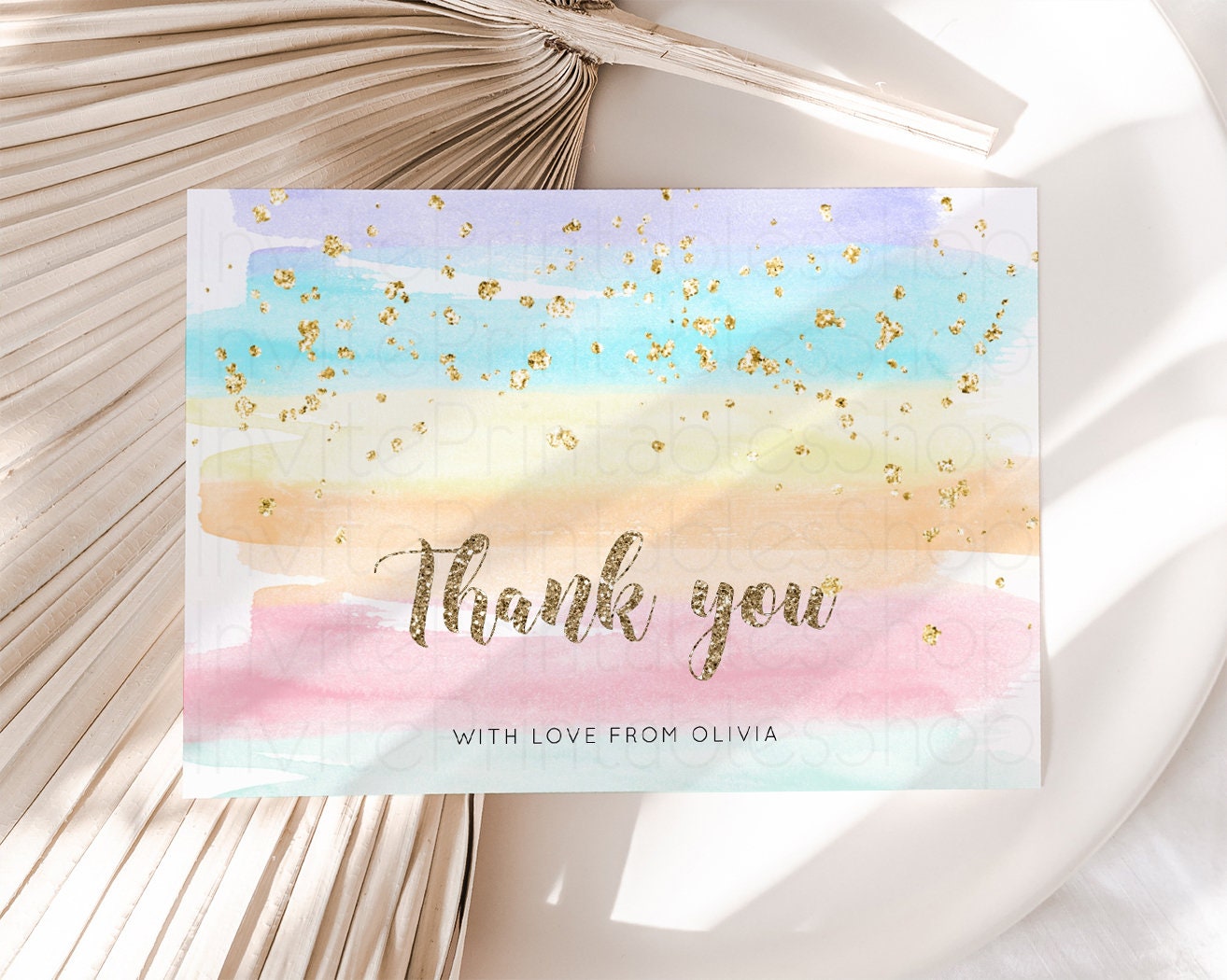 Pastel Rainbow Thank you Colorful Watercolor Folded Gift Cards Custom Note Message Glitter Birthday Engaged Baby Shower Wedding Guests 525