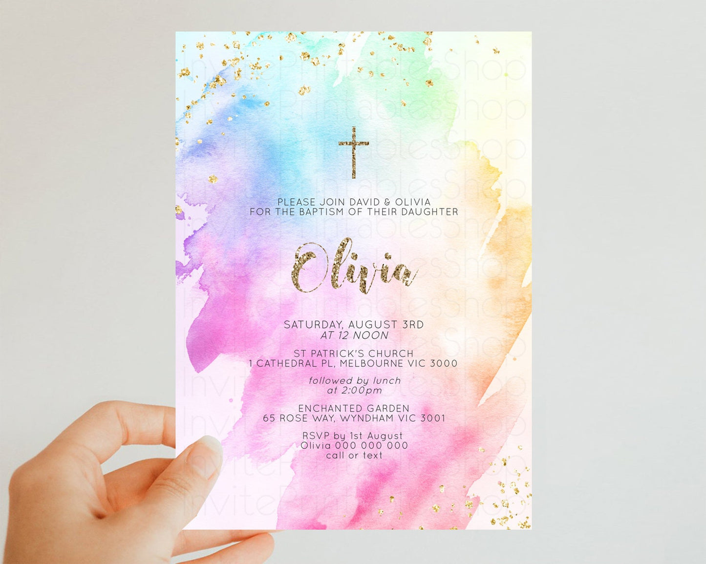 Rainbow Baptism invitation Pastel Rainbow Christening Invite Ombre Watercolor Invite Gold Glitter Sprinkle Splash Cross Religious g504