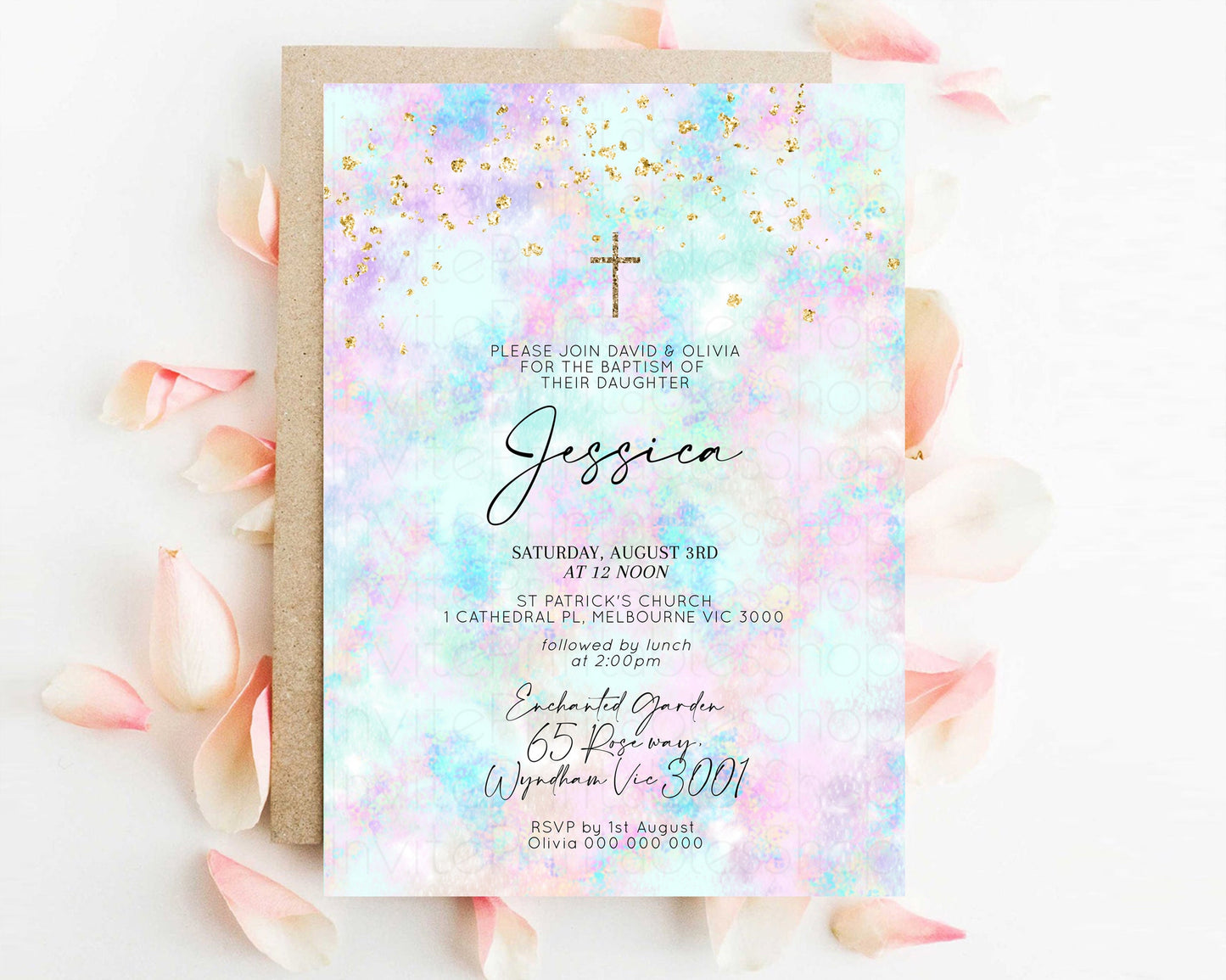 Pastel Baptism Invitation Rainbow Christening Invitation Holy Communion Invite Baptism 1st Birthday Sprinkles Ombre Watercolor Splash 605