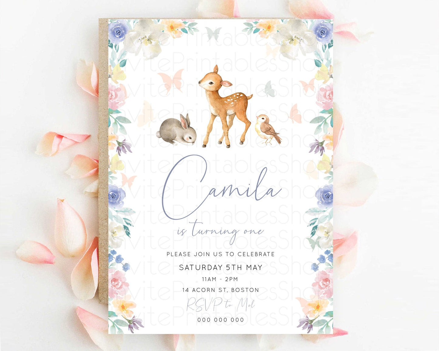 Fawn Birthday Invitation Deer Birthday Invitation Enchanted Forest Party Butterfly Pastel Flowers Whimsical 2nd 1st First Birthday D10930