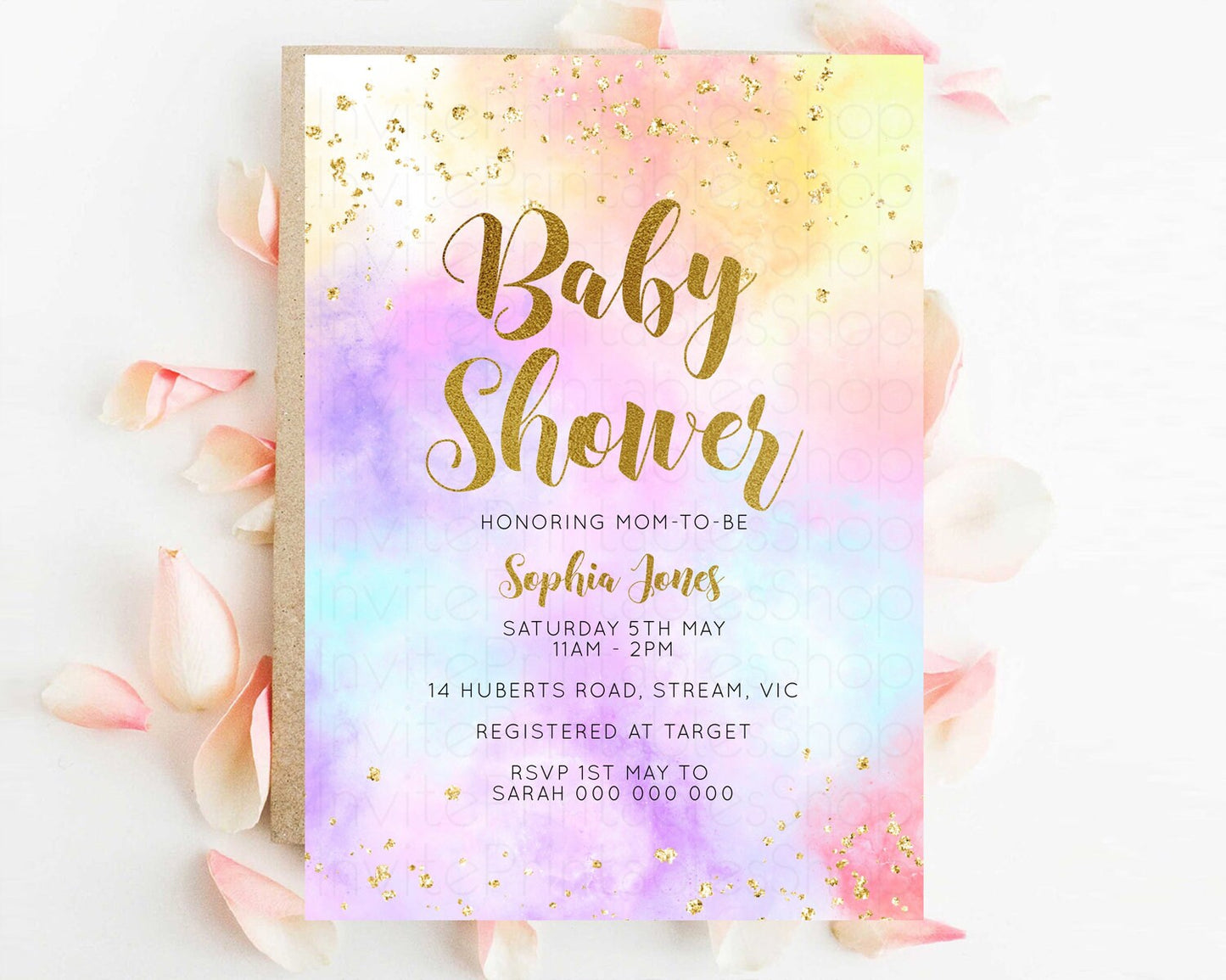 Rainbow Baby Shower Invitation Pastel Baby Sower Invitation Colorful Splash Invite Sprinkle Confetti Watercolor Ombre Baby Shower Invite 499