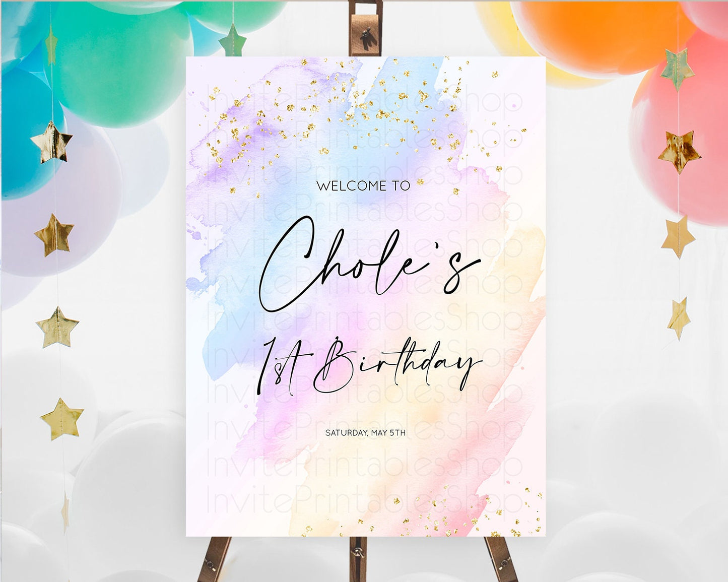 Pastel Welcome Sign Pastel Rainbow Welcome Sign Colorful Rainbow Confetti Watercolor Glitter Pastel First Birthday Welcome Sign D10635