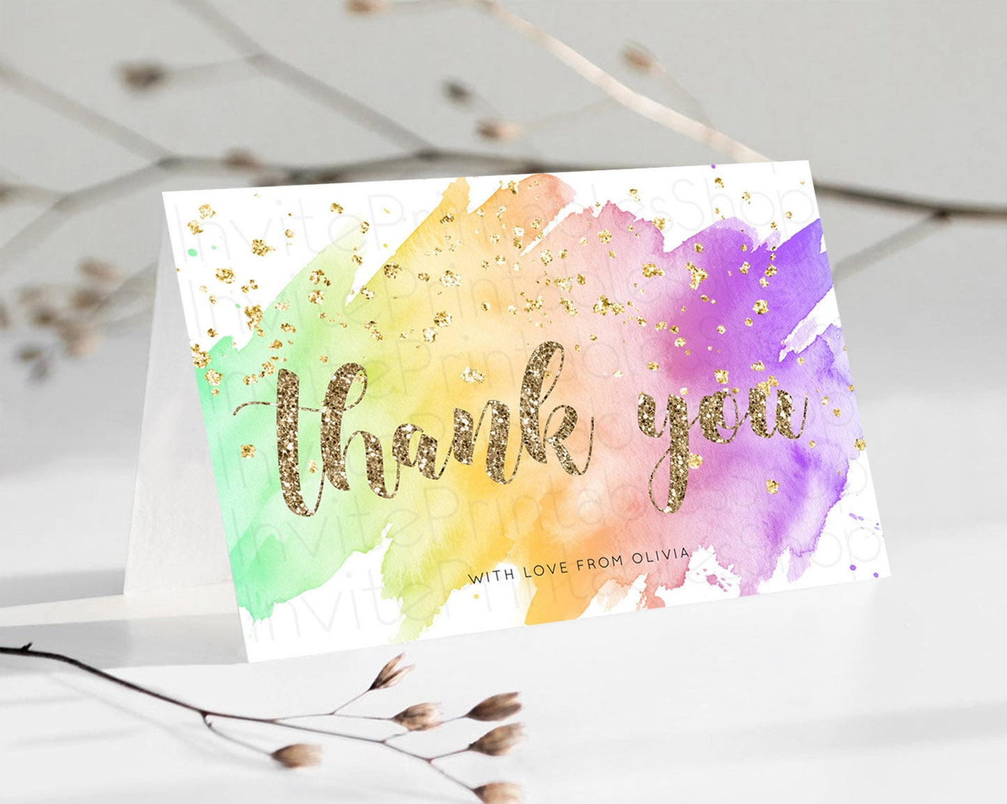 Pastel Thank You Rainbow Thank You Card Colorful Pastel Birthday Thank You Card Confetti Watercolor Pastel Teacher Thank You Cards D10517