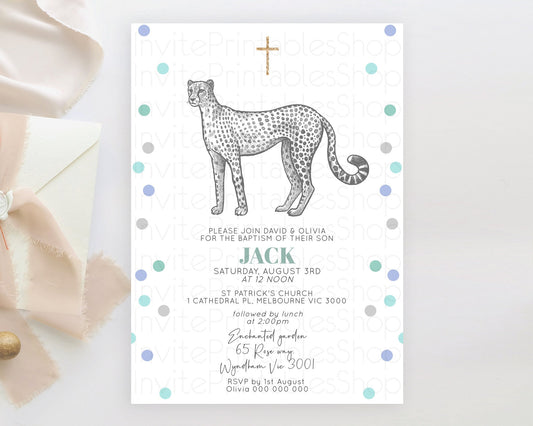 Cheetah Baptism Invitation Cheetah Baptism 1st Birthday Invitation Cheetah Safari Adventure Christening Party Palm Leaf Zoo Cheetah D10857