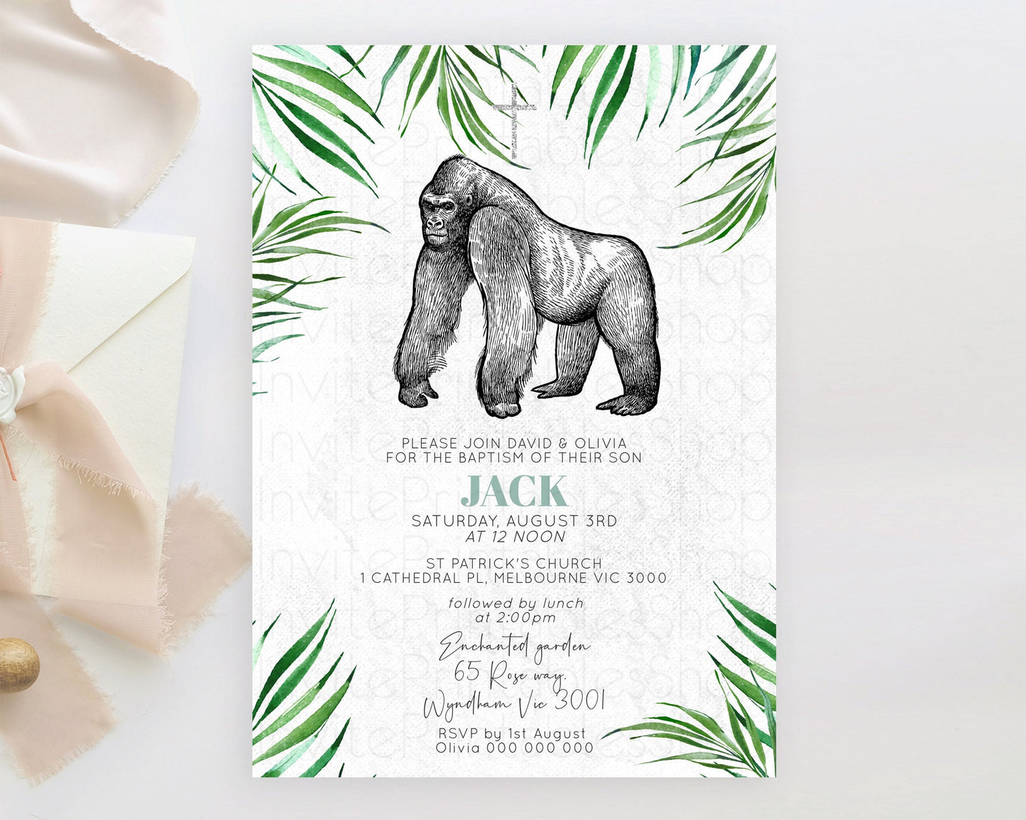 Gorilla Baptism Invitation Gorilla Baptism 1st Birthday Invitation Gorilla Jungle Adventure Christening Invitation Wild Zoo Theme D10846