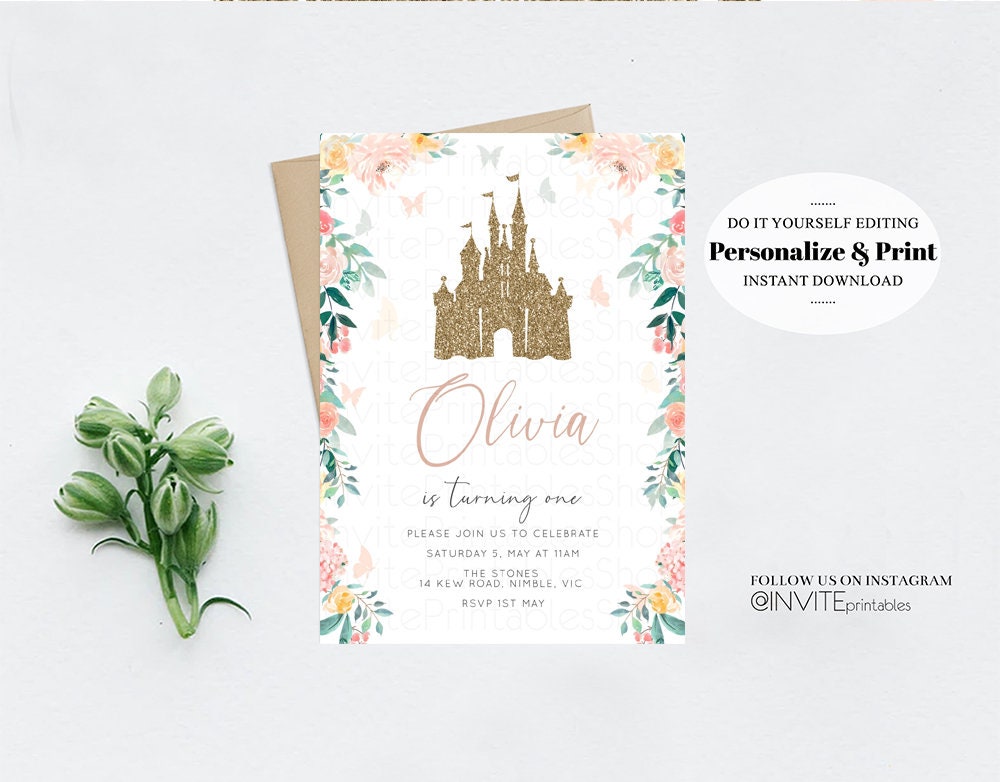 Princess Birthday Invitation Castle Invitation Glitter Invitation Fairy Garden Invite Floral Enchanted Secret Garden Gold Watercolor Invite