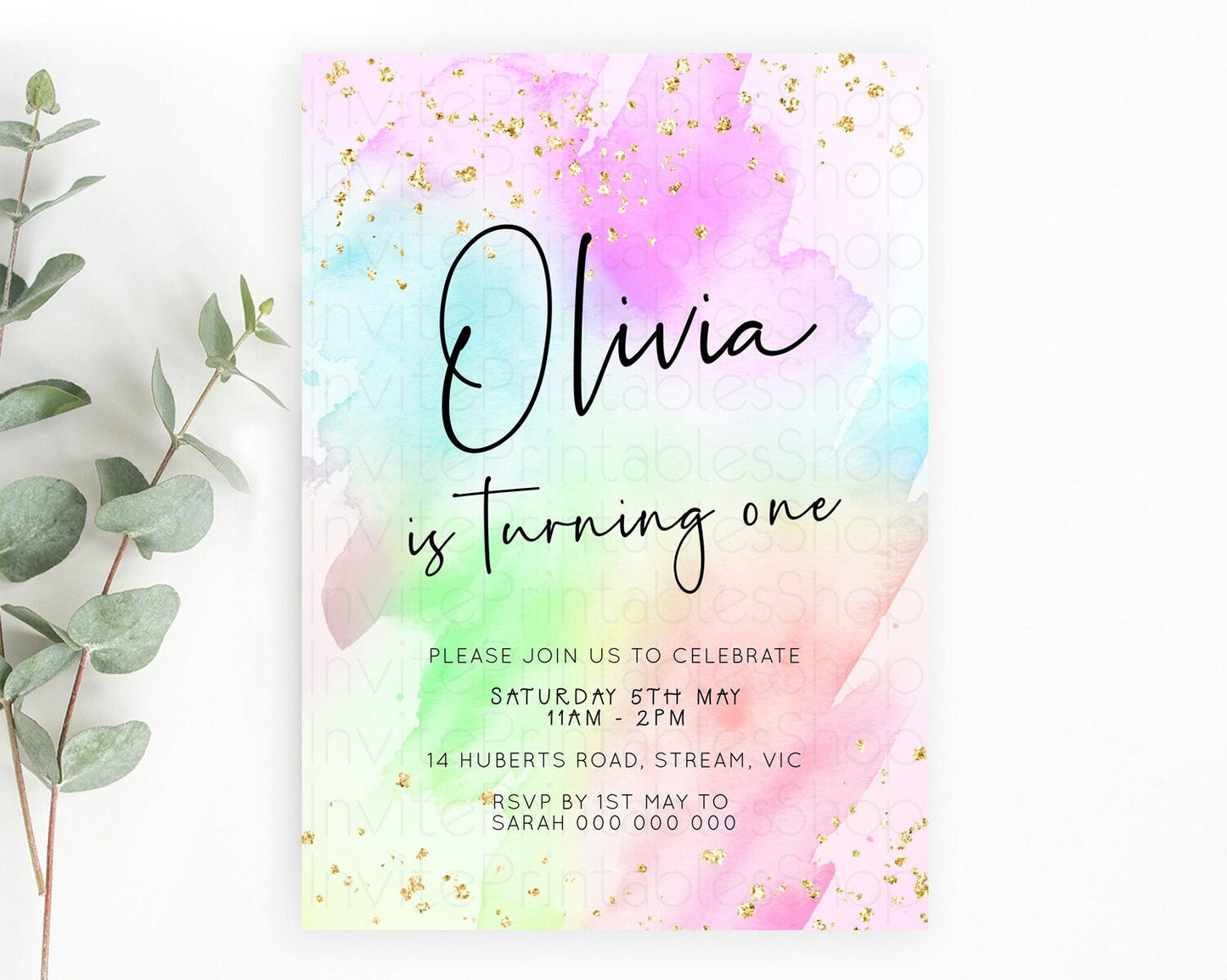 Pastel Birthday Invitation Ombre Watercolor Birthday Invitation Glitter Rainbow Color Splash 1st 2nd 3rd Birthday Invitation D23072