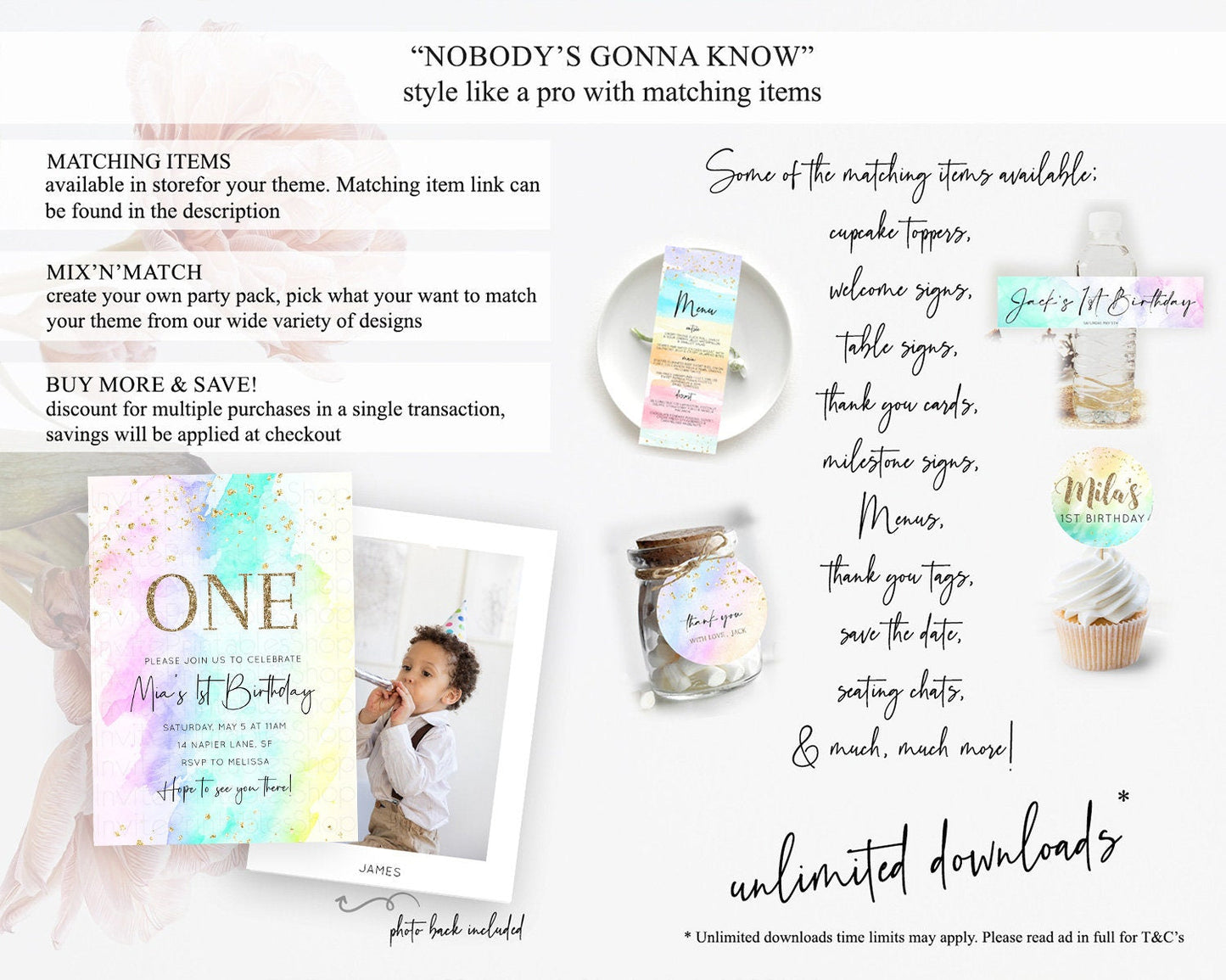 Rainbow Birthday Invitation Colorful Pastel Watercolor Invitation Gold Glitter Sprinkles Ombre Pastel 1st 2nd 3rd Birthday D10231