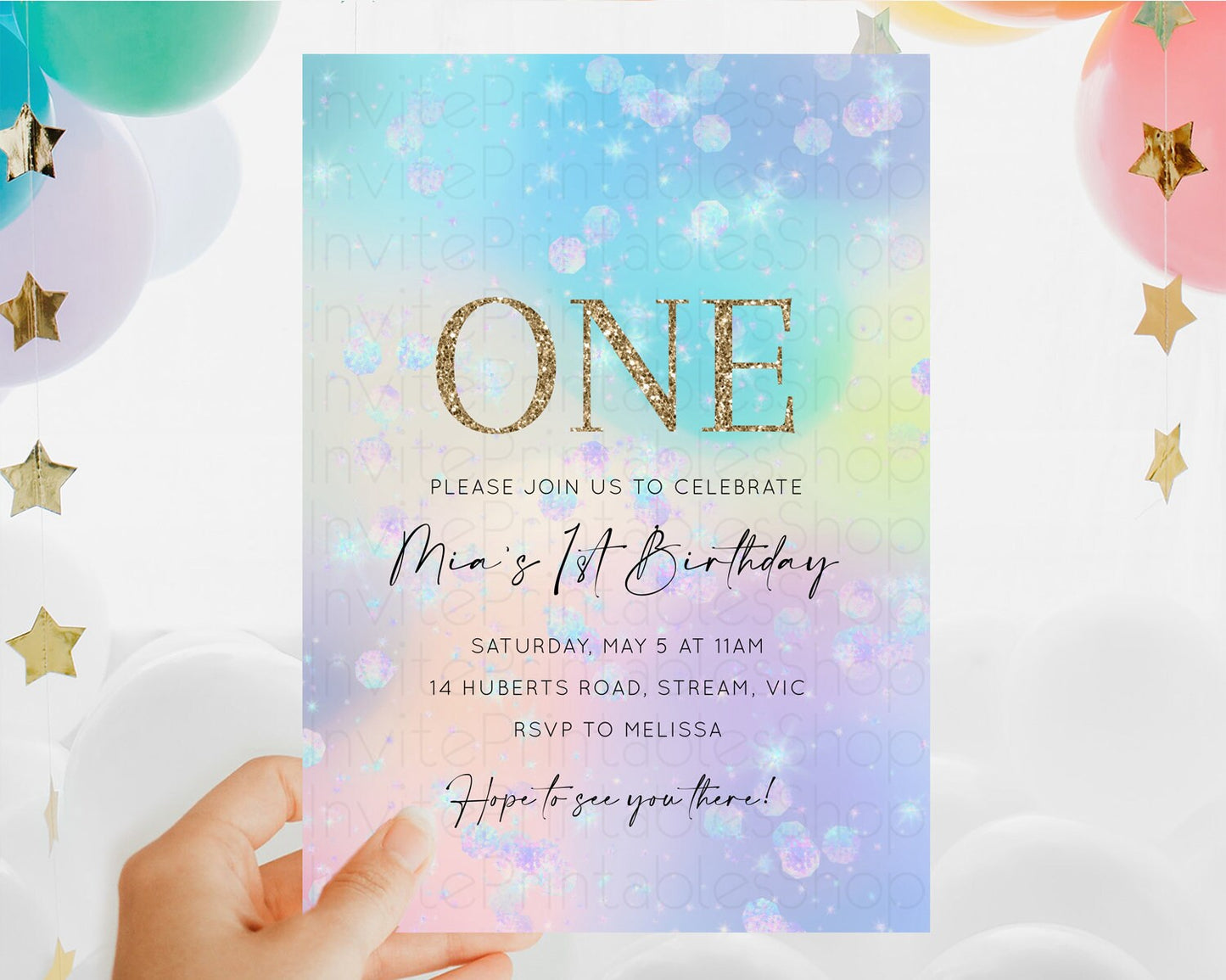 Rainbow Birthday Invitation Colorful Pastel Watercolor Invitation Gold Glitter Sprinkles Ombre Pastel 1st 2nd 3rd Birthday D10665