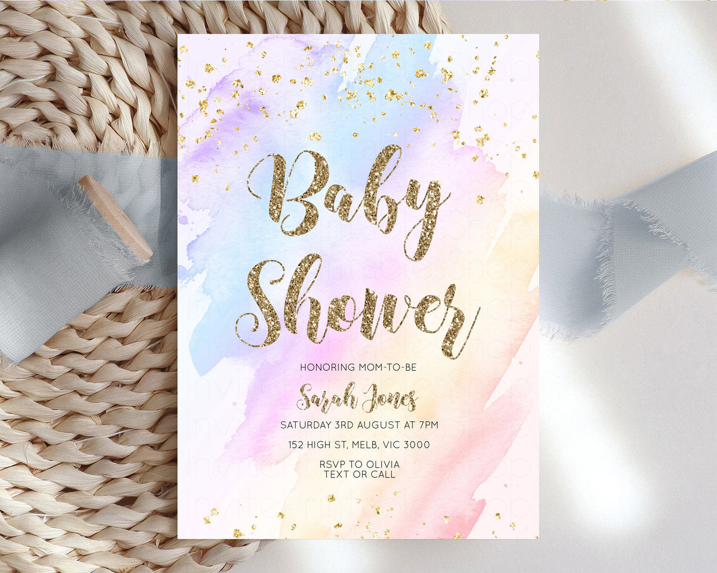 Rainbow Baby Shower Invitation Pastel Baby Shower Invitation Watercolor Ombre Invitation Rainbow Pastel Colors Invite Glitter Confetti g600