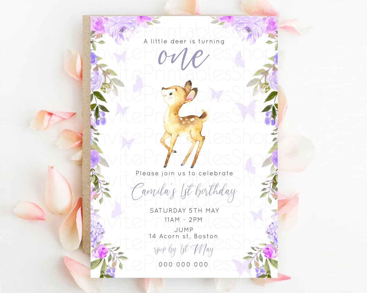 Fawn Birthday Invitation Deer Birthday Invitation Enchanted Forest Party Butterfly Pastel Flowers Whimsical 2nd 1st First Birthday D10916