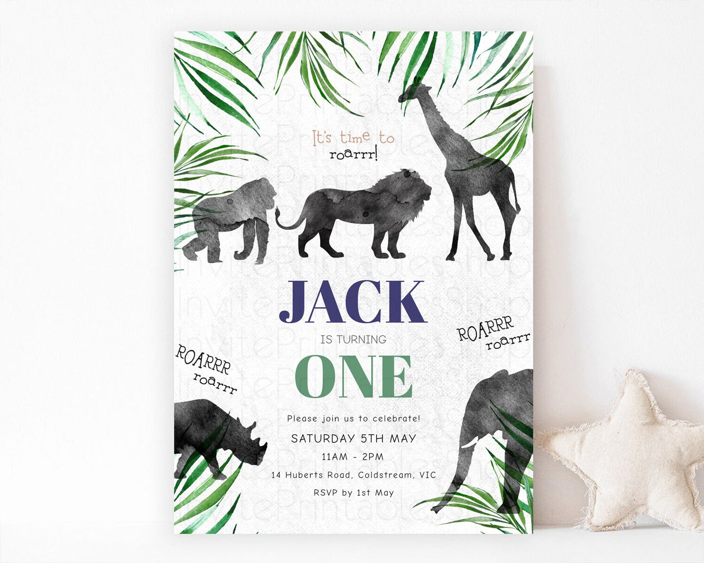 Safari Birthday Invitation Lion Gorilla Elephant Rhino Tropical Palm Jungle Safari Adventure Zoo Party Animal 2nd 1st First Birthday D10839