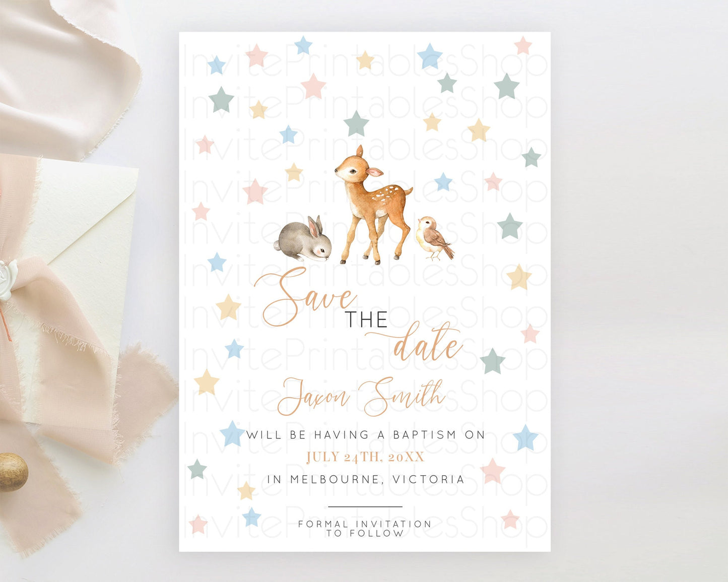 Fawn Deer Save The Date Template Pastel Floral Deer Enchanted Forest Butterfly Party 1st Birthday Baptism Baby Shower Bridal Shower D10918