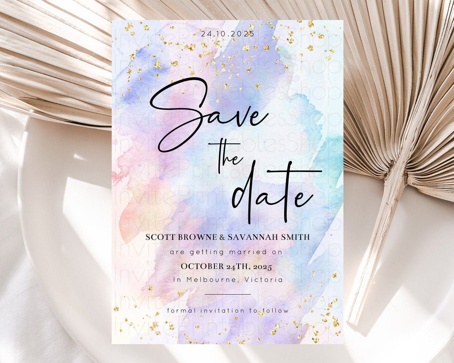Editable Pastel Save The Date Template Pastel Ombre Rainbow Watercolor Color