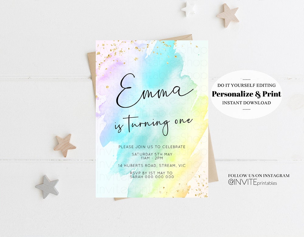 Rainbow Birthday Invitation Ombre Pastel Invitation Colorful Watercolor Splash Invite Gold Glitter Sprinkles Printable Digital Invite 146