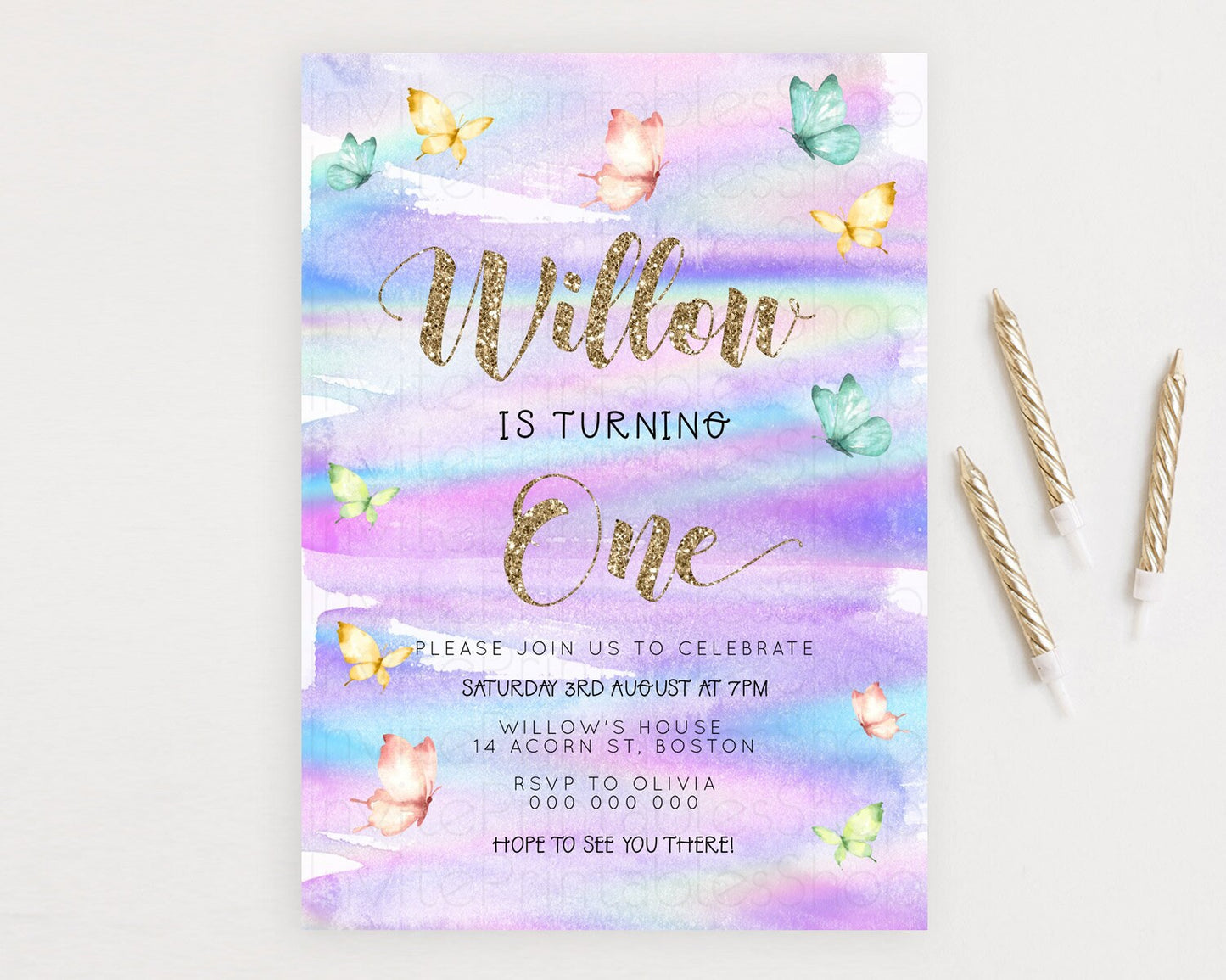 Pastel Butterfly Birthday Invitation Butterfly Birthday Invitation Colorful Splash Glitter Butterfly Garden 1st 2nd Birthday D23215