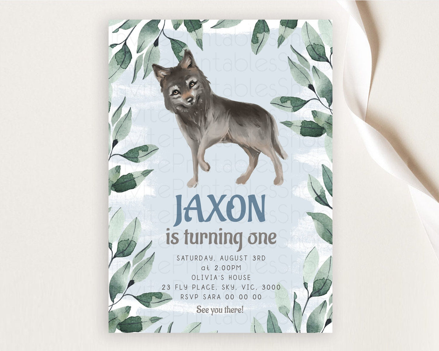 Wolf Birthday Invitation Wolf Invitation Pastel Wolf Birthday Enchanted Forest Woods Wolf Floral Invitation Howling Birthday Party D10142