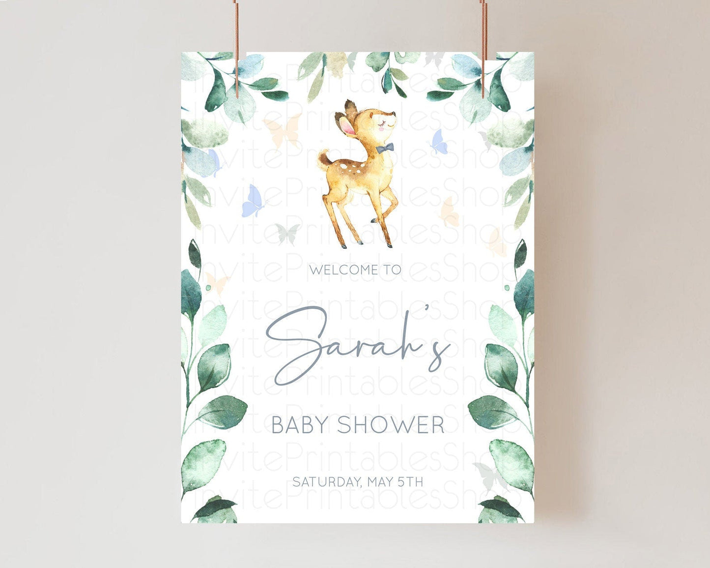 Fawn Baby Shower Welcome Sign Deer Welcome Board Floral Deer Welcome Poster Enchanted Forest Butterfly Pastel Floral Welcome Sign D10767