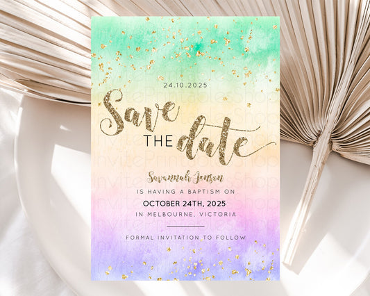 Editable Pastel Save The Date Template Pastel Ombre Rainbow Watercolor Color
