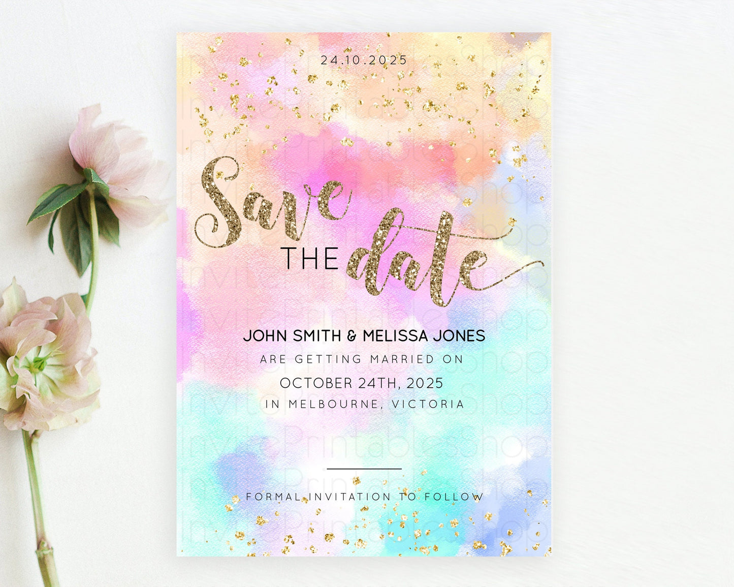 Pastel Save The Date Template Pastel Ombre Rainbow Watercolor Colorful Party For Birthday Baptism Baby Shower Wedding Bridal Shower D10669