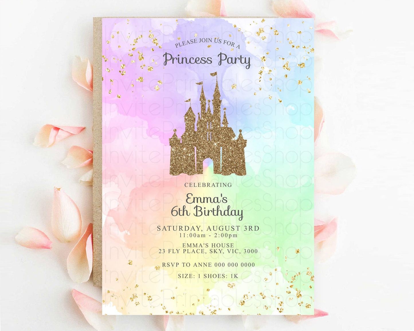 Princess Birthday Invitation Princess Invitation Pastel Invitation Royal Birthday Rainbow Color Enchanted Castle 1st First Birthday D10703