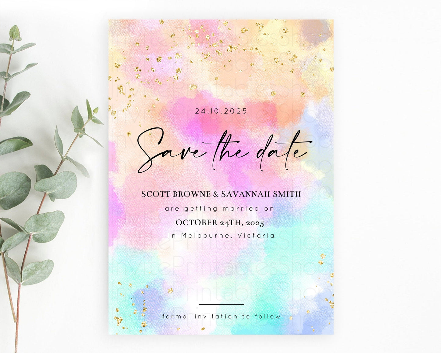 Pastel Save The Date Template Pastel Ombre Rainbow Watercolor Colorful Party For Birthday Baptism Baby Shower Wedding Bridal Shower D10667