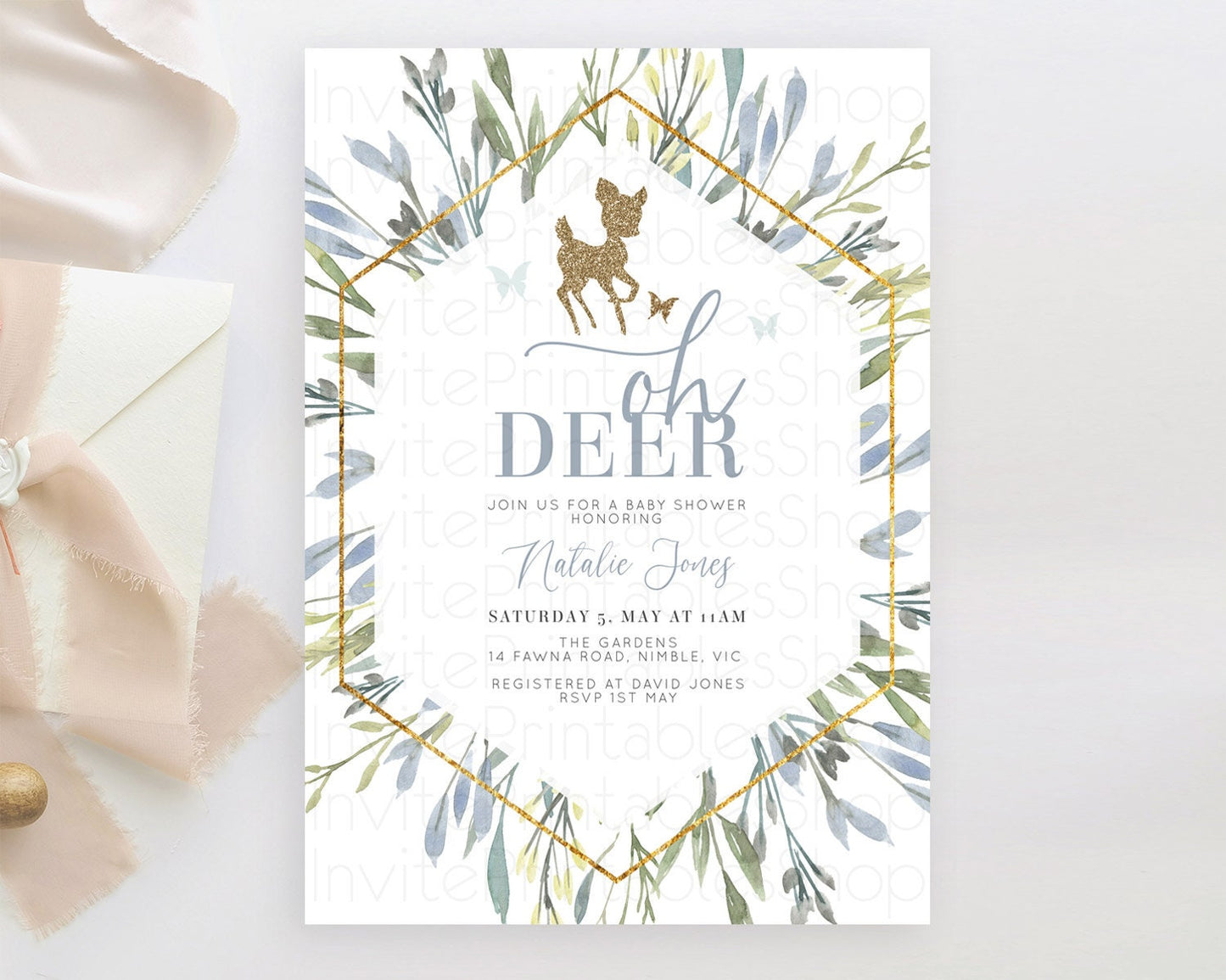 Fawn Baby Shower Invitation Deer Baby Shower Invites Enchanted Forest Theme Butterfly Pastel Flowers Whimsical Baby Shower D10534