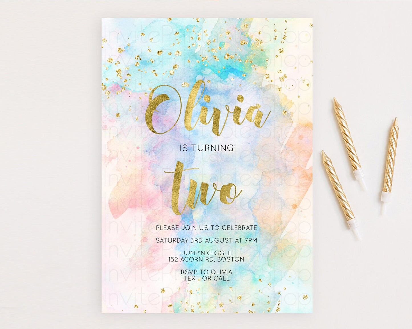 Rainbow Birthday Invitation Colorful Pastel Watercolor Invitation Gold Glitter Sprinkles Ombre Pastel 1st 2nd 3rd Birthday D10272