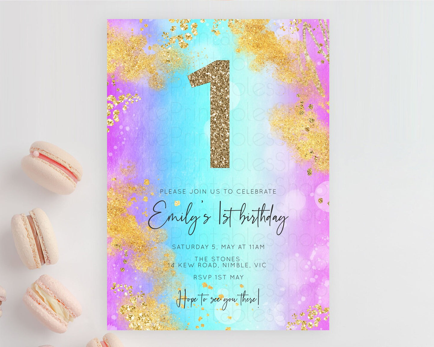 Rainbow Birthday Invitation Colorful Pastel Watercolor Invitation Gold Glitter Sprinkles Ombre Pastel 1st 2nd 3rd Birthday D10564