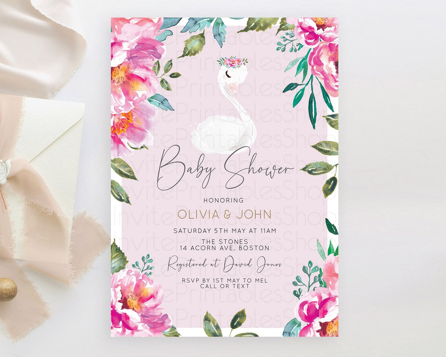 Swan Baby Shower Invitation Swan Princess Ballet Invitation Enchanted Forest Swan Lake Baby Shower Watercolour Pastel Floral D10757