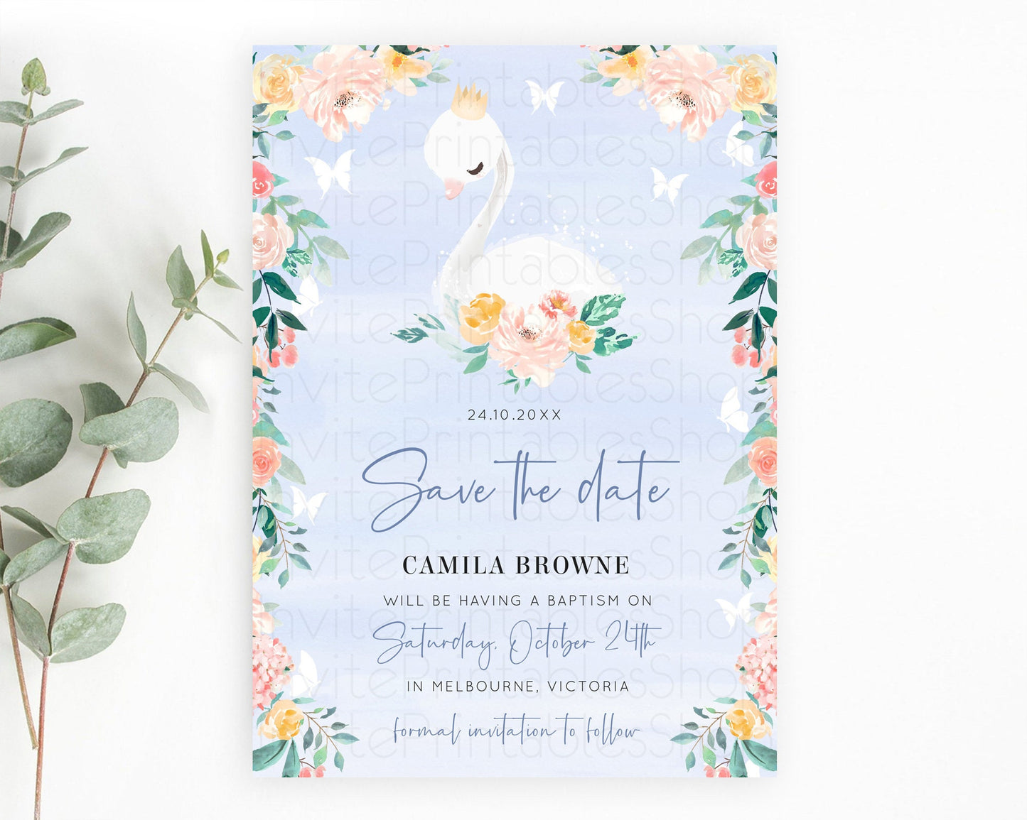 Swan Save The Date Template Swan Princess Ballet Party Enchanted Swan Lake Secret Garden Pastel Floral Birthday Baptism Baby Shower  D10885