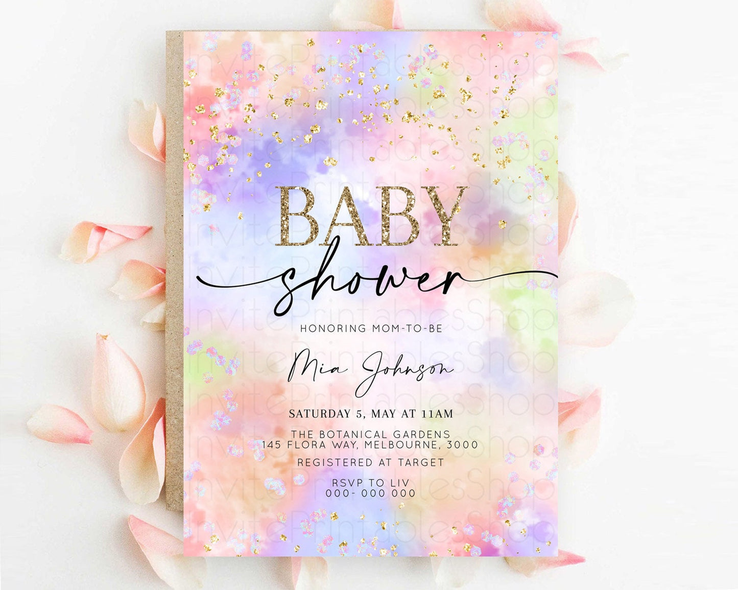 Pastel Baby Shower Invitation Rainbow Baby Shower Invitation Colorful Pastel Watercolor Invitation Gold Glitter Sprinkles Ombre D10610