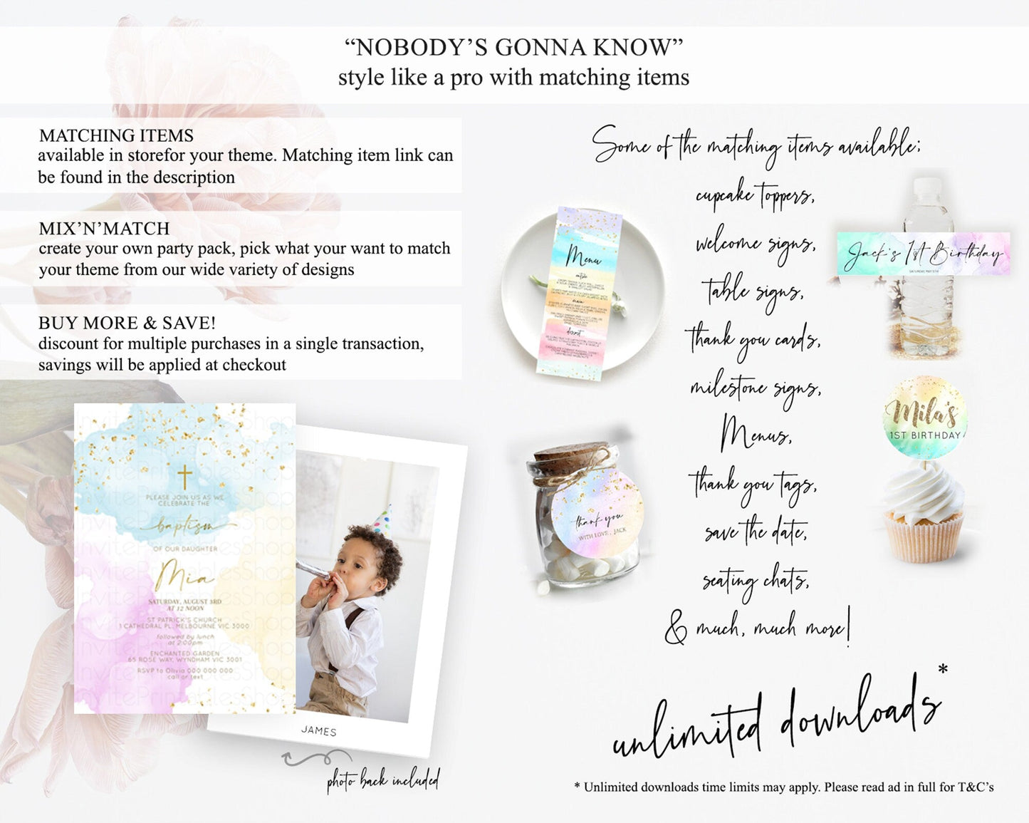 Pastel Baptism Invitation Pastel Colors Watercolor Baptism 1st Birthday Party Gold Ombre Pastel Rainbow Christening Holy Communion D10204