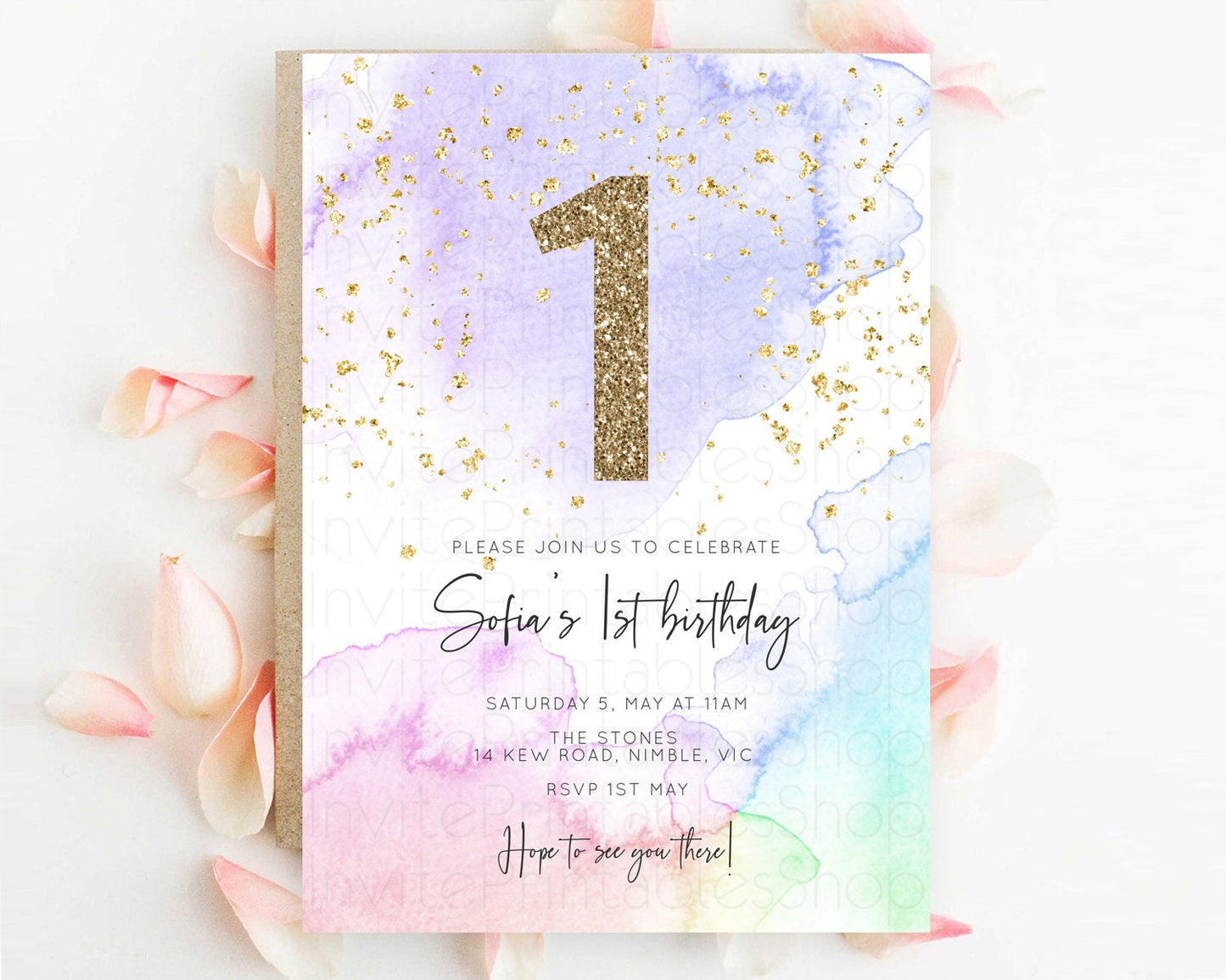 Editable Rainbow Birthday Invitation Colorful Pastel Watercolor Invitation G