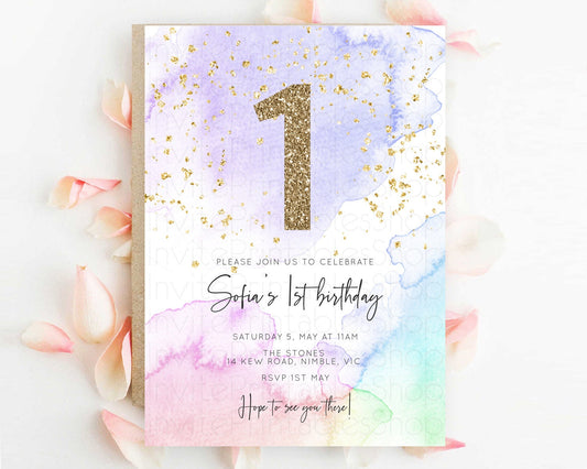Editable Rainbow Birthday Invitation Colorful Pastel Watercolor Invitation G