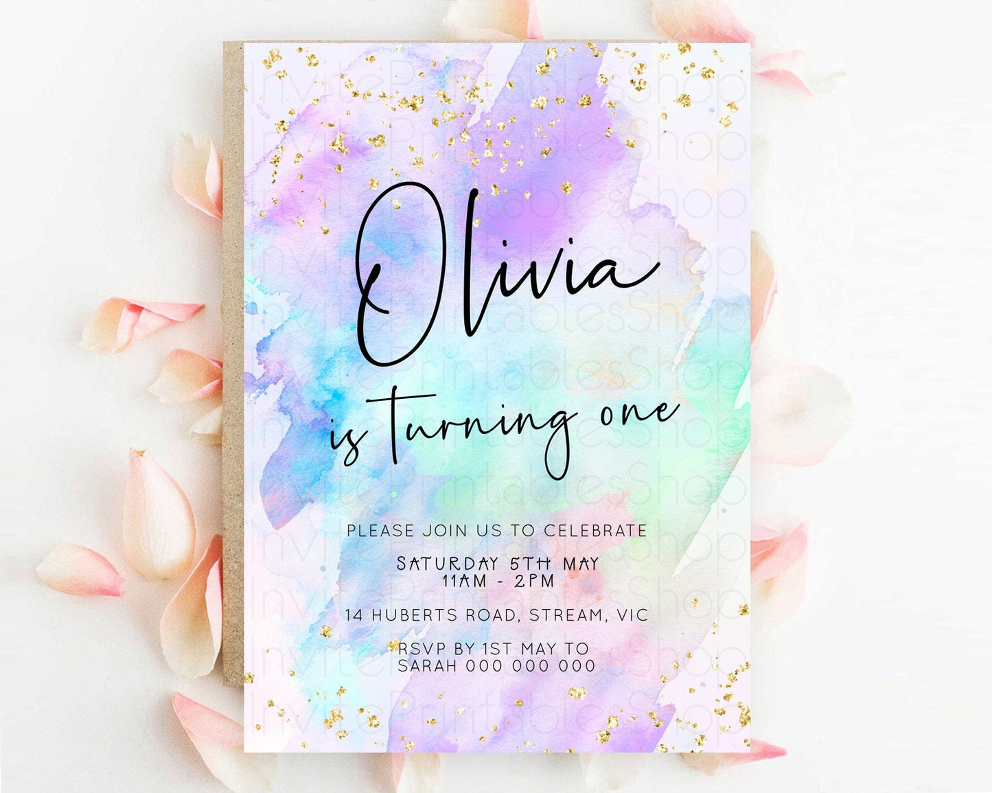 Pastel Birthday Invitation Ombre Watercolor Birthday Invitation Glitter Rainbow Color Splash 1st 2nd 3rd Birthday Invitation D23060