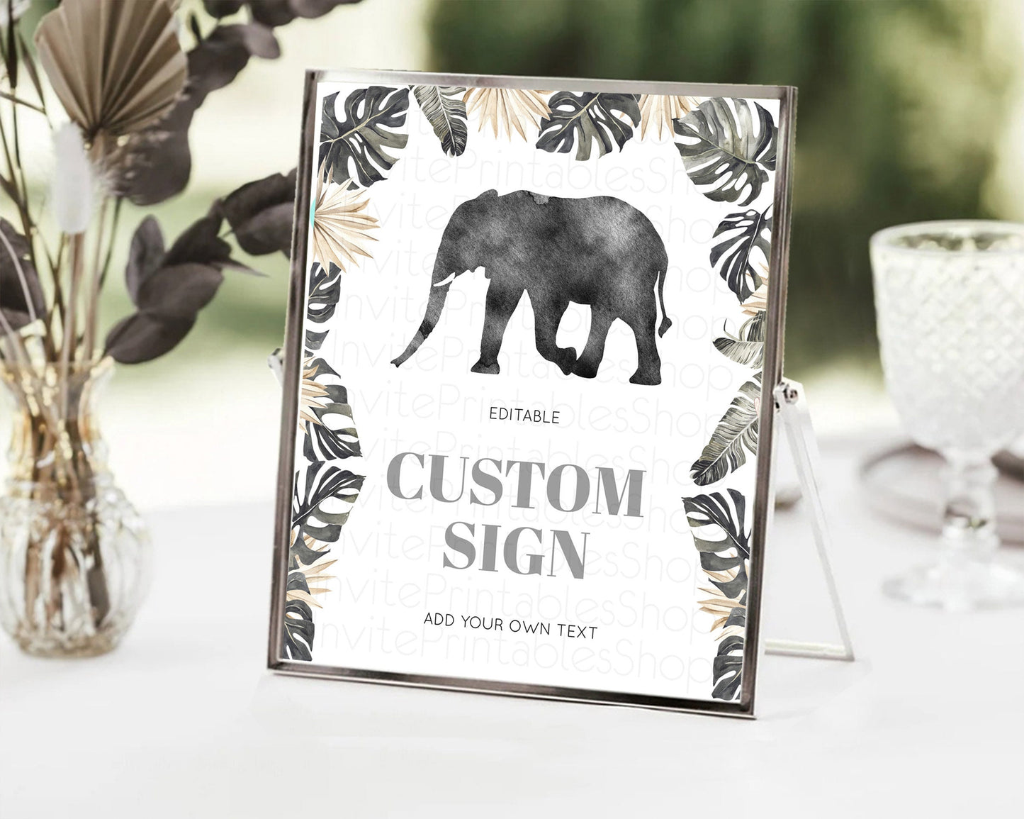 Elephant Sign Elephant Safari Adventure Party Table Sign Decor Dried Palm Fern Zoo 1st Birthday Baptism Baby Shower Bridal Shower D10803