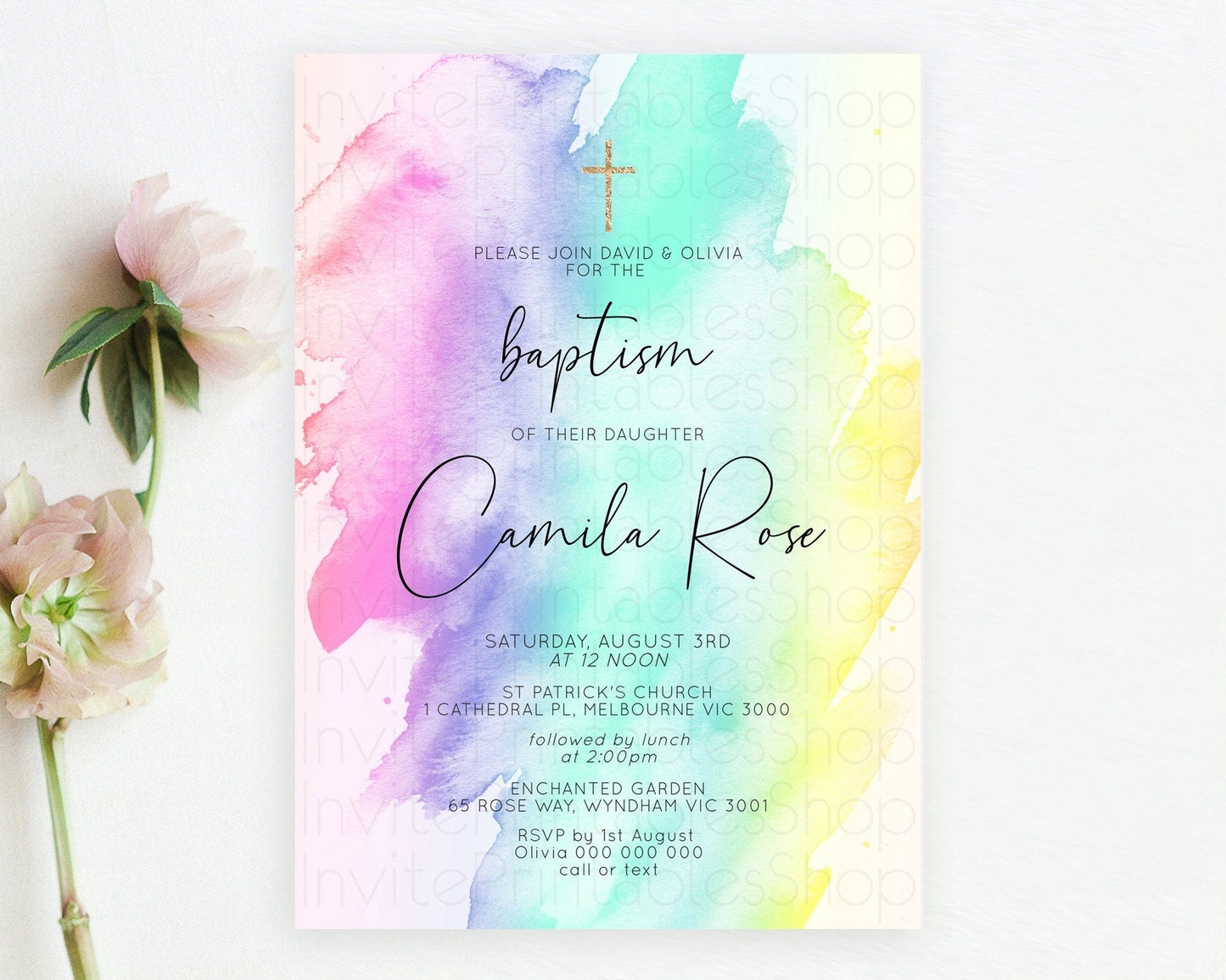 Pastel Baptism Invitation Pastel Colors Watercolor Baptism 1st Birthday Party Gold Ombre Pastel Rainbow Christening Holy Communion D10231