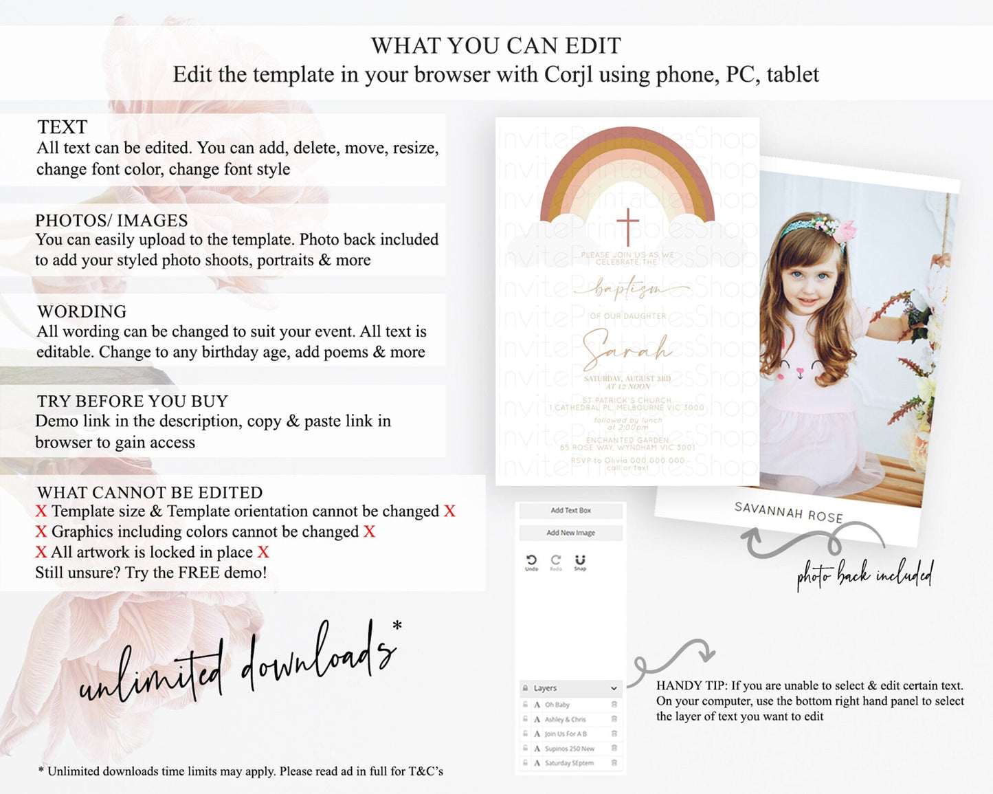 Pastel Rainbow Baptism Invitation Boho Rainbow Baptism 1st Birthday Invitation Rainbow Pastel Watercolor Christening Invitation D10122