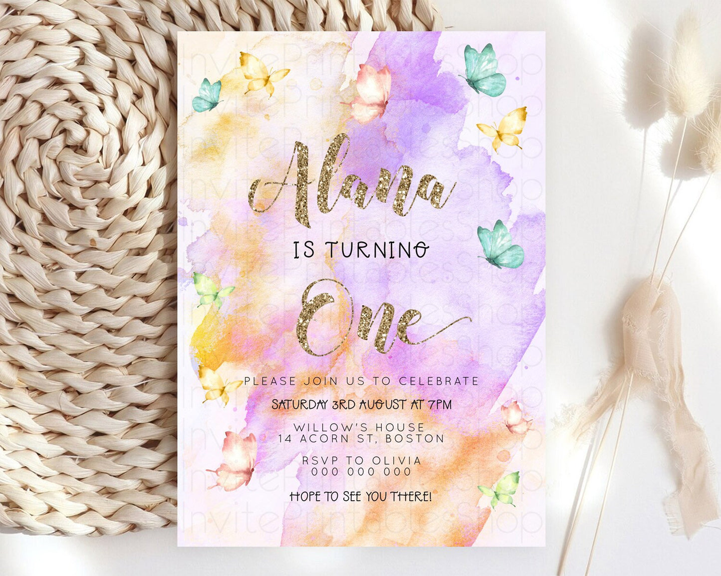 Pastel Butterfly Birthday Invitation Butterfly Birthday Invitation Colorful Splash Glitter Butterfly Garden 1st 2nd Birthday D23253