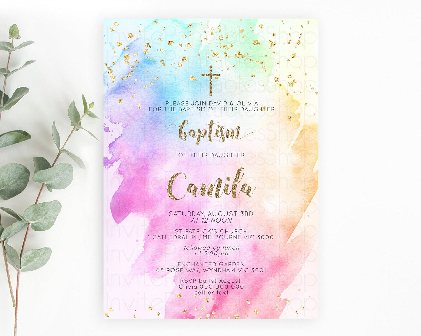 Pastel Baptism Invitation Pastel Colors Watercolor Baptism 1st Birthday Party Gold Ombre Pastel Rainbow Christening Holy Communion D10450