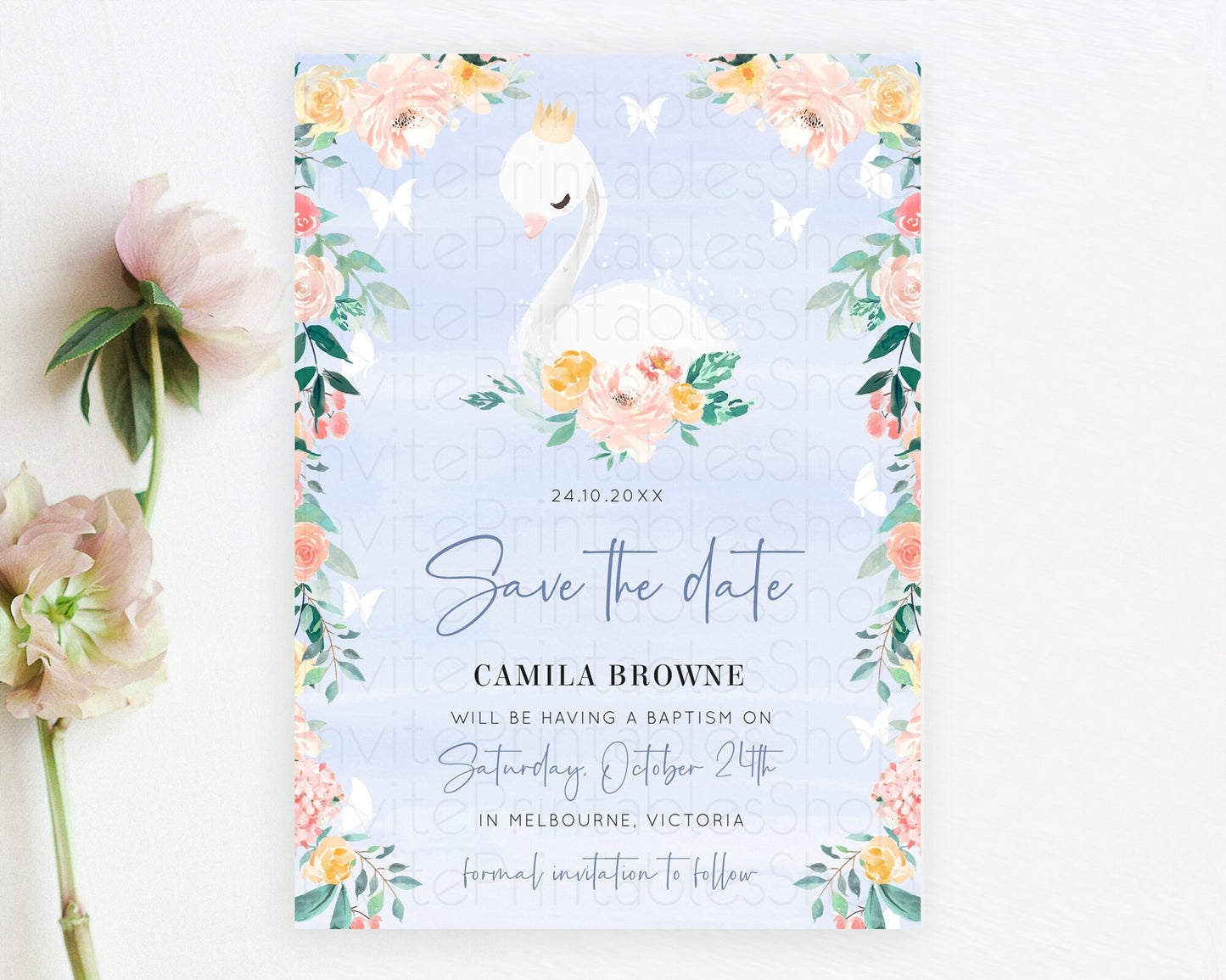 Swan Save The Date Template Swan Princess Ballet Party Enchanted Swan Lake Secret Garden Pastel Floral Birthday Baptism Baby Shower  D10885