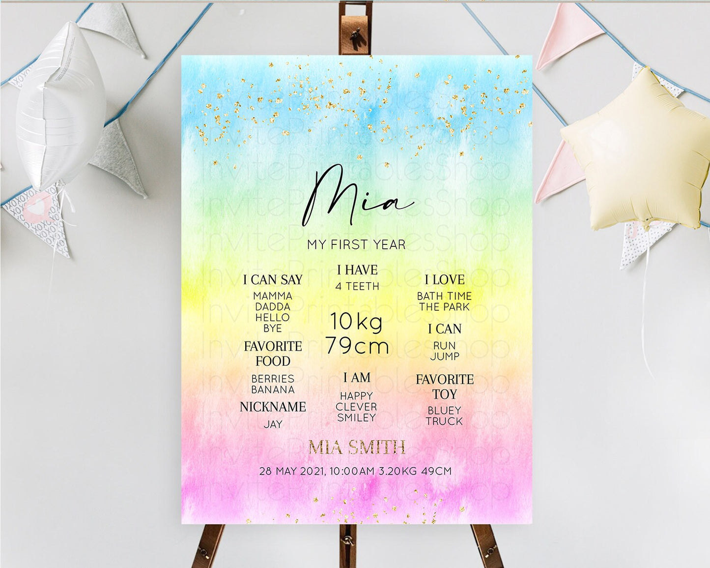 Pastel First Birthday Milestone Board Pastel Rainbow Milestone Poster Colorful Confetti Watercolor Glitter 1st Birthday Welcome Sign D10483