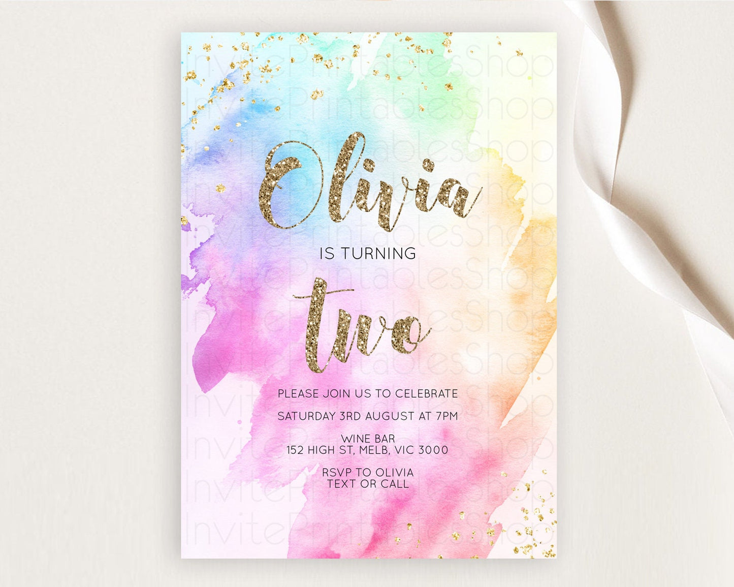 Rainbow Birthday Invitation Colorful Pastel Watercolor Invitation Gold Glitter Sprinkles Ombre Pastel 1st 2nd 3rd Birthday D10450