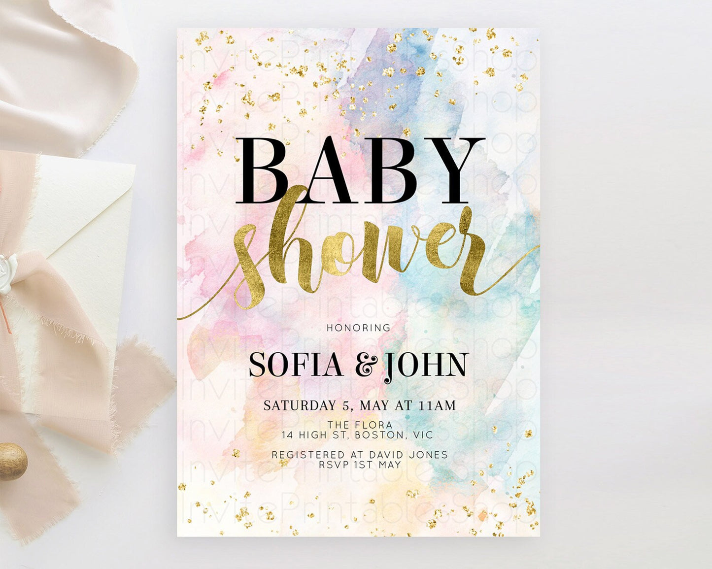 Pastel Baby Shower Invitation Rainbow Baby Shower Invitation Colorful Pastel Watercolor Invitation Gold Glitter Sprinkles Ombre D10265